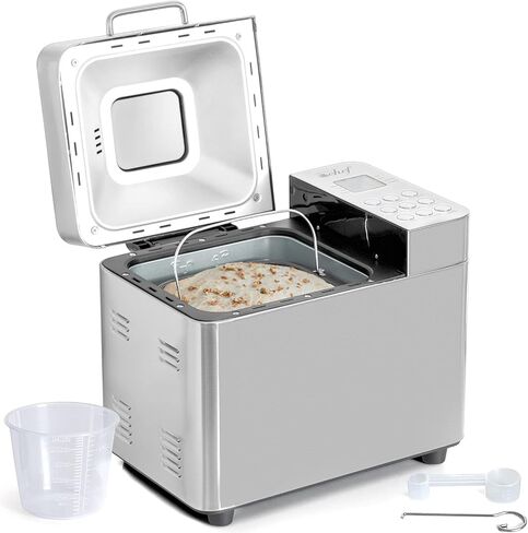 ماكينة صنع الخبز ديكو شيف 0.94 كجم من الفولاذ المقاوم للصدأ مع 25 برنامج طبخ ذكي وإكسسوارات متضمنة، كوب قياس، ملعقة قياس مزدوجة الجوانب، مجداف عجين وخطاف معجون وقفاز فرن in Kuwait