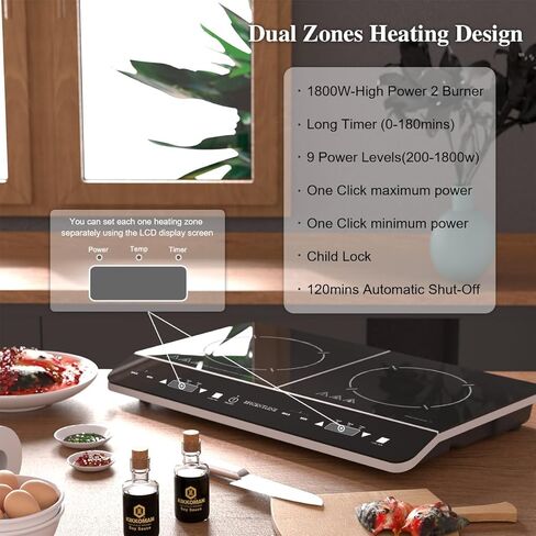 Electric Double Induction Cooktop, Portable Induction Cooktop with 2 Burner,1800W Countertop Burners with 9 Power&Temperature Levels, LCD Touch Screen,3 Hours Timer and Child Safety Lock,Black in Kuwait