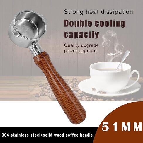NEOUZA 51mm Espresso Portafilter بدون قاعدة لـ Delonghi ECP31.21 ECP33.21 ECP35.31 ECOV311,304 الفولاذ المقاوم للصدأ للطعام، مقبض خشب الورد، مع سلة فلتر الأكواب in Kuwait