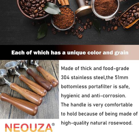 NEOUZA 51mm Espresso Portafilter بدون قاعدة لـ Delonghi ECP31.21 ECP33.21 ECP35.31 ECOV311,304 الفولاذ المقاوم للصدأ للطعام، مقبض خشب الورد، مع سلة فلتر الأكواب in Kuwait