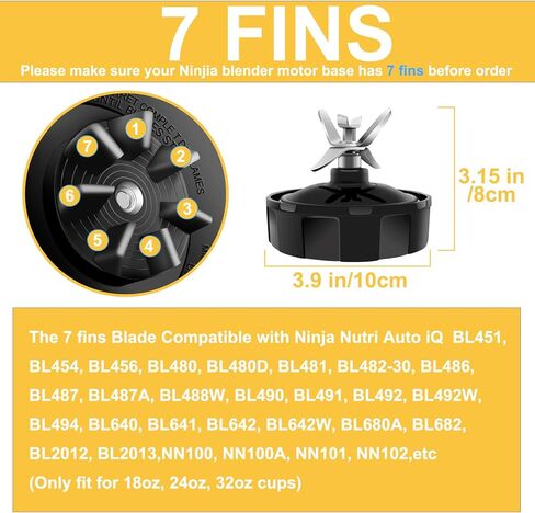 7 زعانف استبدال شفرات النينجا، قطع تبديل خلاط نوتري نينجا نوتر، اكسسوارات شفرة مستخرج احترافي لـ 32 أوقية 24oz 2oz كأس Ninja Blender Auto iQ BL450-30 BL482-30 BL487 BL480D-30 BL486CO in Kuwait