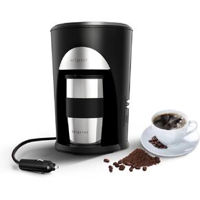 ماكينة تحضير القهوة المحمولة من افيغيتور، ماكينة صنع القهوة للسيارة 12 فولت، ماكينة قهوة للسفر للقيادة والتخييم في الهواء الطلق، ماكينة قهوة امريكانو مع كوب قهوة 10 اونصة اغلاق تلقائي (فضي واسود) in Kuwait