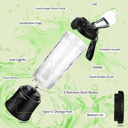 Portable Blender, Personal Size Blender for Shakes and Smoothies, 20 Oz Cup, Waterproof Mini Blender With Rechargeable USB, Juicer with 6 Blades for Home, Kitchen, Travel, Sports (Black) in Saudi Arabia