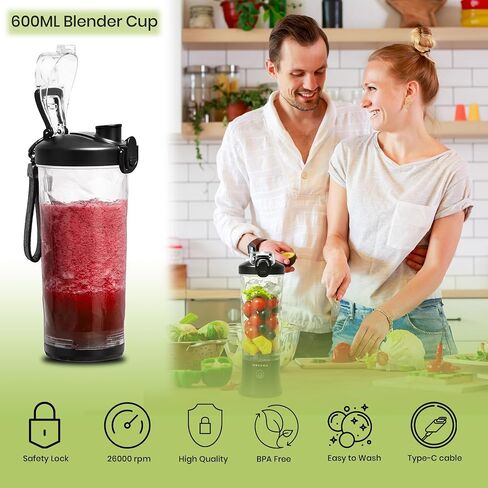 Portable Blender, Personal Size Blender for Shakes and Smoothies, 20 Oz Cup, Waterproof Mini Blender With Rechargeable USB, Juicer with 6 Blades for Home, Kitchen, Travel, Sports (Black) in Saudi Arabia
