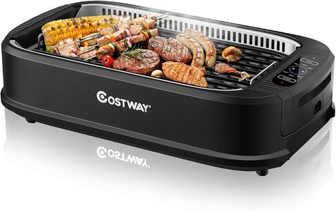 شواية كهربائية داخلية بدون دخان من COSTWAY، شواية شواء 1500 وات مع لوحة غير لاصقة لغسالة الأطباق، صينية تجميع الزيت قابلة للإزالة، مروحة مستخرج المدخن، شواية للتحكم في درجة الحرارة من 248 إلى 446 درجة فهرنهايت، شهادة إدارة الغذاء والدواء الأمريكية in Kuwait