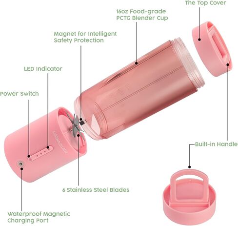 خلاط محمول للمخفوقات والسموذي، خلاطات بحجم شخصي مع كوب خلاط 16 اونصة، خلاط صغير قابل لاعادة الشحن، عصارة محمولة in Kuwait