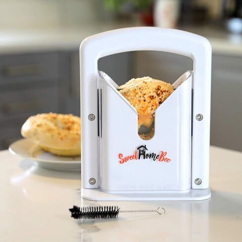 Sweet Home Bee Bagel Slicer, Stainless Steel Kitchen Guillotine Cutter with Safe Grip and Safety Shield for Bagels, Breads, Muffins, Buns, Rolls - Fast, Easy And Safe, White in Saudi Arabia