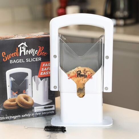 Sweet Home Bee Bagel Slicer, Stainless Steel Kitchen Guillotine Cutter with Safe Grip and Safety Shield for Bagels, Breads, Muffins, Buns, Rolls - Fast, Easy And Safe, White in Saudi Arabia