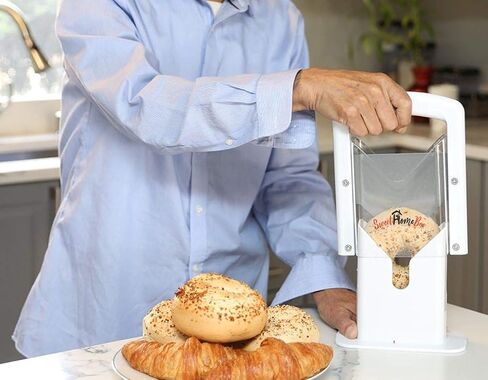 Sweet Home Bee Bagel Slicer, Stainless Steel Kitchen Guillotine Cutter with Safe Grip and Safety Shield for Bagels, Breads, Muffins, Buns, Rolls - Fast, Easy And Safe, White in Saudi Arabia