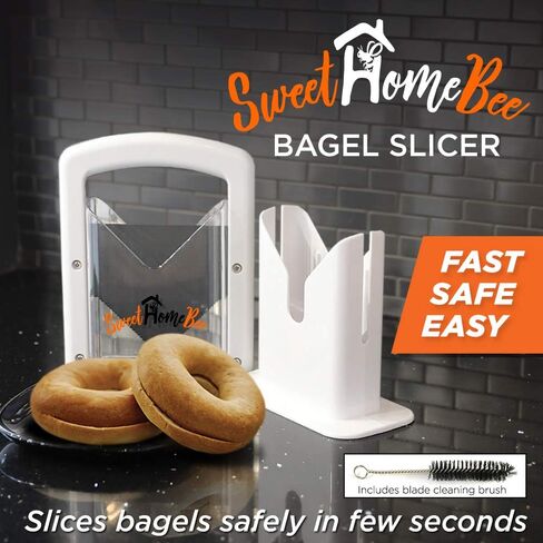 Sweet Home Bee Bagel Slicer, Stainless Steel Kitchen Guillotine Cutter with Safe Grip and Safety Shield for Bagels, Breads, Muffins, Buns, Rolls - Fast, Easy And Safe, White in Saudi Arabia
