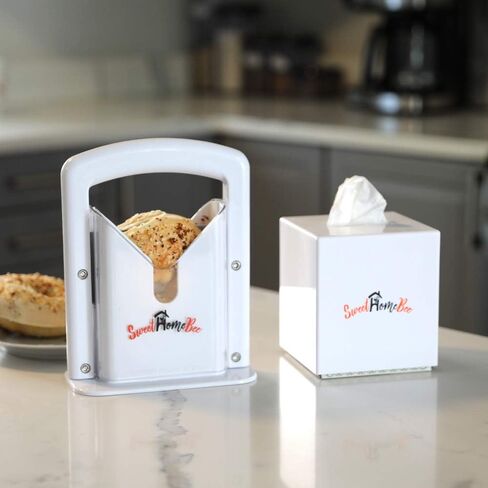 Sweet Home Bee Bagel Slicer, Stainless Steel Kitchen Guillotine Cutter with Safe Grip and Safety Shield for Bagels, Breads, Muffins, Buns, Rolls - Fast, Easy And Safe, White in Saudi Arabia