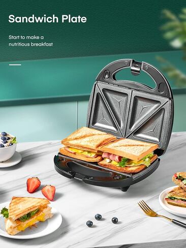 ماكينة صنع الساندوتشات FOHERE 3 في 1، صانع الوافل، شواية الساندويتش، ماكينة تحضير البانيني الكهربائية المحمولة مع ألواح غير لاصقة قابلة للإزالة، أضواء مؤشر LED، مقبض بارد اللمس، محمصة، آلة الجبن المشوي in Kuwait