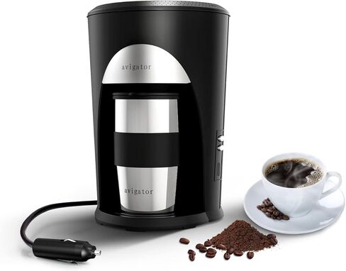 ماكينة تحضير القهوة المحمولة من افيغيتور، ماكينة صنع القهوة للسيارة 12 فولت، ماكينة قهوة للسفر للقيادة والتخييم في الهواء الطلق، ماكينة قهوة امريكانو مع كوب قهوة 10 اونصة اغلاق تلقائي (فضي واسود) in Kuwait
