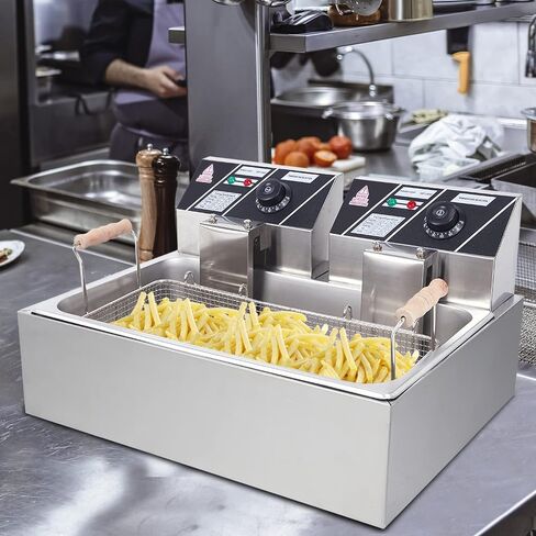 ROVSUN 22.8QT/21.6L Electric Deep Fryer, Commercial Deep Fryer with Baskets Lids Countertop, Stainless Steel Dual Tank Kitchen Fat Fryer Frying Machine for French Fries Donuts, Adjustable Temp, 3400W in Kuwait