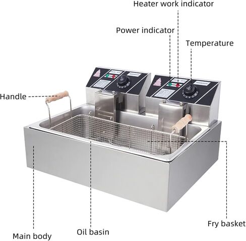 ROVSUN 22.8QT/21.6L Electric Deep Fryer, Commercial Deep Fryer with Baskets Lids Countertop, Stainless Steel Dual Tank Kitchen Fat Fryer Frying Machine for French Fries Donuts, Adjustable Temp, 3400W in Kuwait