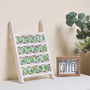 GENMOUS Farmhouse K Cups Ladder Coffee Pod Holder For Countertop, Rustic Wood Keurig Pod Holder K cup Organizer For Home Kitchen Storage, Coffee Station Organizer For Coffee Bar Accessories Black
