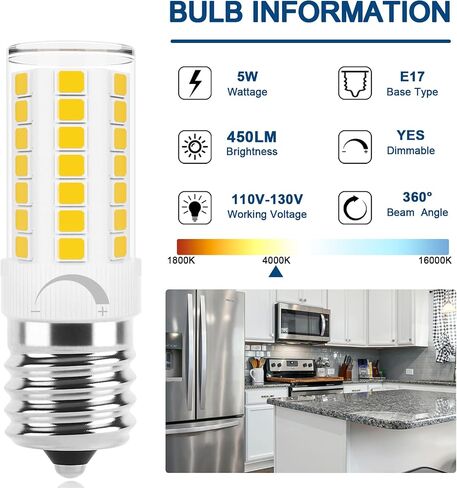 E17 Led Bulb Microwave Oven Light, Over Stove Appliance Replacement 40W Incandescent for Refrigerator, Range Hood, Dimmable, 120V 5W 450LM Daylight White 6000K, E17 Intermediate Base, Pack of 2 in Kuwait