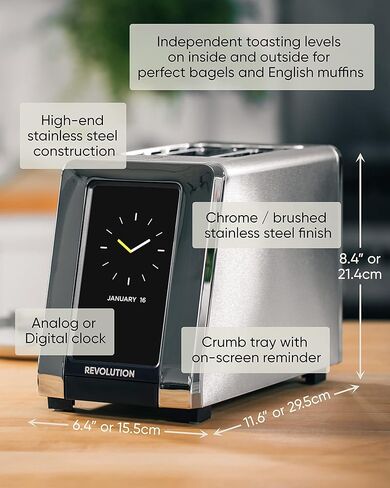 محمصة الخبز Revolution InstaGLO® R180S، مصنوعة من الفولاذ المقاوم للصدأ/الكروم + عصارة توست ريفولوشن (حزمة) - الخبز المحمص المثالي والجبن المشوي والكساديلا والبانيني في محمصة الخبز (عنصران) in Kuwait