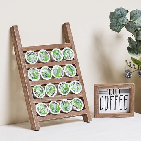 GENMOUS Farmhouse K Cups Ladder Coffee Pod Holder For Countertop, Rustic Wood Keurig Pod Holder K cup Organizer For Home Kitchen Storage, Coffee Station Organizer For Coffee Bar Accessories Black in Kuwait