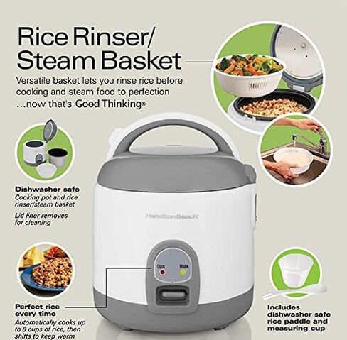 Hamilton Beach Mini Rice Cooker & Food Steamer, 8 Cups Cooked (4 Uncooked), With Steam & Rinse Basket, White (37508) in Saudi Arabia