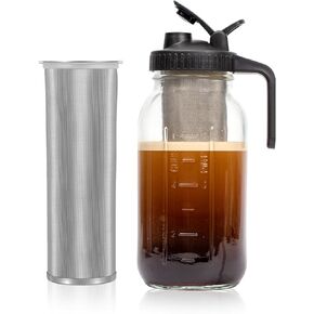 جيلمو برطمان ماسون لتحضير القهوة الباردة مع مجموعة من موزعات الكريمة - زجاج متين 32 اونصة (1 كوارت)، فلتر ستانلس ستيل شديد التحمل للقهوة المثلجة in Kuwait
