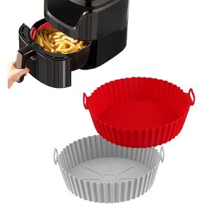2-Packs Air Fryer Silicone Pots,Reusable Air Fryer Oven Accessories Circular Tray,Fits 3.6 To 6.8QT Air Fryer Pans(Grey+Red) in Kuwait