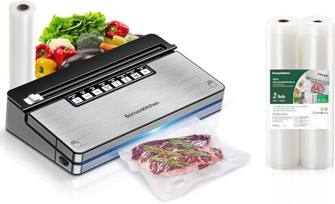 ماكينة تفريغ الهواء من Bonsenkitchen، ماكينة غلق الطعام بالتفريغ من الفولاذ المقاوم للصدأ مع نظام غلق بالتفريغ 8 في 1، 6 أوضاع لتفريغ الطعام، قطاعة مدمجة وتخزين الحقائب، تصميم مدمج مع مجموعة أدوات البدء in Kuwait