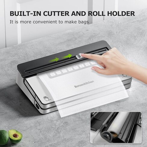 ماكينة تفريغ الهواء من Bonsenkitchen، ماكينة غلق الطعام بالتفريغ من الفولاذ المقاوم للصدأ مع نظام غلق بالتفريغ 8 في 1، 6 أوضاع لتفريغ الطعام، قطاعة مدمجة وتخزين الحقائب، تصميم مدمج مع مجموعة أدوات البدء in Kuwait