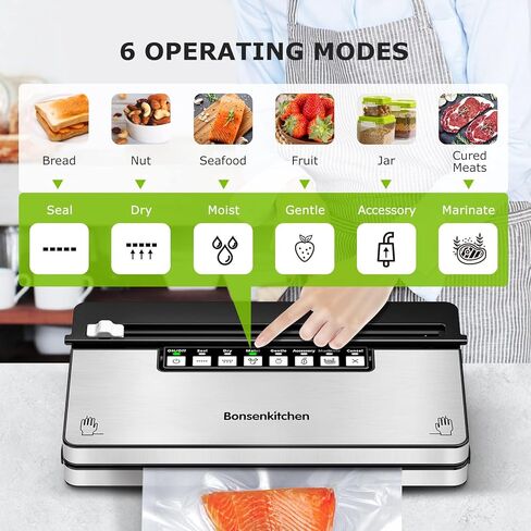 ماكينة تفريغ الهواء من Bonsenkitchen، ماكينة غلق الطعام بالتفريغ من الفولاذ المقاوم للصدأ مع نظام غلق بالتفريغ 8 في 1، 6 أوضاع لتفريغ الطعام، قطاعة مدمجة وتخزين الحقائب، تصميم مدمج مع مجموعة أدوات البدء in Kuwait