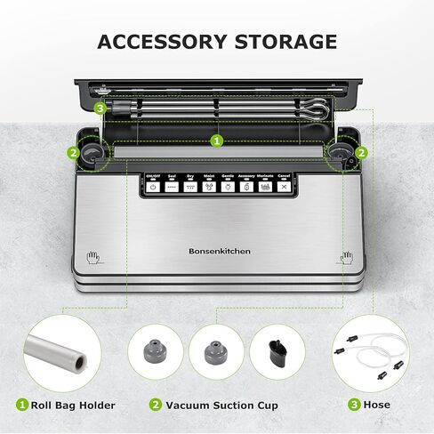 ماكينة تفريغ الهواء من Bonsenkitchen، ماكينة غلق الطعام بالتفريغ من الفولاذ المقاوم للصدأ مع نظام غلق بالتفريغ 8 في 1، 6 أوضاع لتفريغ الطعام، قطاعة مدمجة وتخزين الحقائب، تصميم مدمج مع مجموعة أدوات البدء in Kuwait