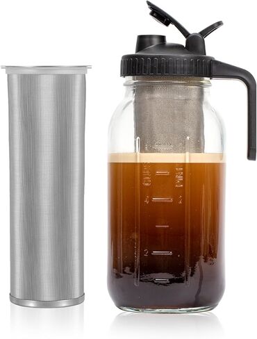 جيلمو برطمان ماسون لتحضير القهوة الباردة مع مجموعة من موزعات الكريمة - زجاج متين 32 اونصة (1 كوارت)، فلتر ستانلس ستيل شديد التحمل للقهوة المثلجة in Kuwait