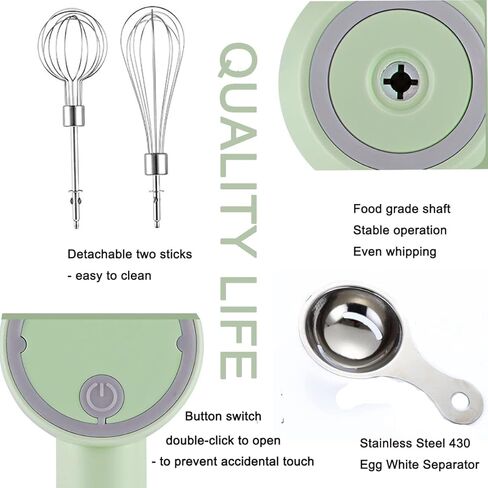 خلاط يدوي، خلاط كهربائي محمول لاسلكي، 3 سرعات قابلة لإعادة الشحن عبر USB مع خلاط مزدوج من الفولاذ المقاوم للصدأ وفاصل بيض لخفق أو خلط البيض والزبدة والكريمة وخبز المطبخ والطهي (أخضر) in Kuwait