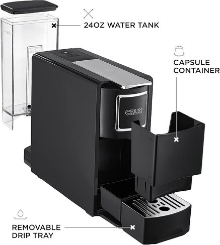 Crux Espresso Machine for Nespresso Pods - Programmable Coffee Brewer Capsule Compatible with Large Removable Water Tank and Drip Tray, Black and Silver in Kuwait