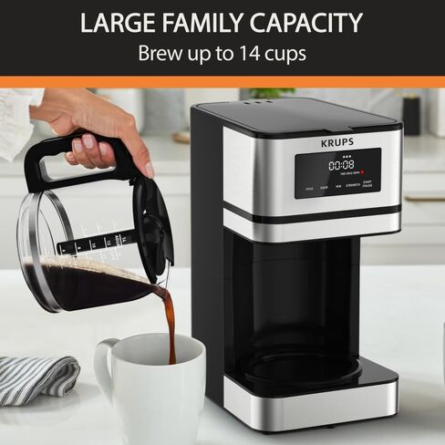 Krups Simply Brew Stainless Steel and Glass Carafe Drip Coffee Maker 14 Cup Programmable, Customizable, Digital Display, Warming Function Coffee Filter, Dishwasher Safe, Drip Free Silver and Black in Saudi Arabia