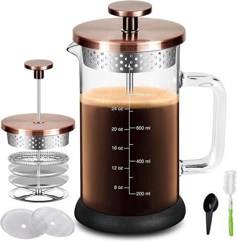 French Press Coffee Maker 34 Ounce Espresso Tea Coffee Maker with 4 Filters System, Stainless Steel Plunger and Heat Resistant Borosilicate Glass BPA-Free Brewed Tea Pot Coffee Plunger in Kuwait
