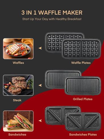 FOHERE Waffle Maker 3 in 1 with Removable Non-Stick Plates, 1200W | Sandwich Maker & Panini Press 5-Gear Temp Control and Ready Indicator Lights, Dishwasher Safe,Cool Touch Handle,Easy to Clean in Kuwait