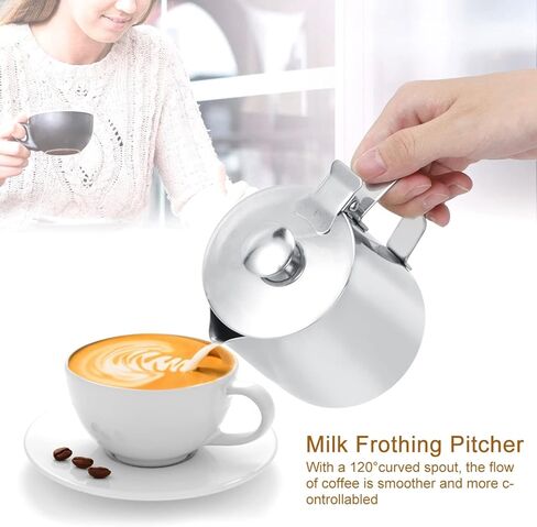أكواب كريمر، كوب قهوة من الفولاذ المقاوم للصدأ سعة 350 مل، إبريق إبريق الحليب مع غطاء لفن قهوة اللاتيه للمطبخ المكتبي in Kuwait