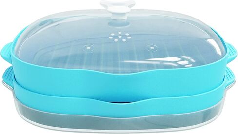 ZYXGOGOGO Microwave Bacon Rack, Two-Tier Bacon Grill Tray, Multifunctional Steamer for Cooking Food, Bacon Cooker with Splatter Lid, Large Capacity, Suggest Dishwasher Clean, Length:11inch.（Blue） in Kuwait
