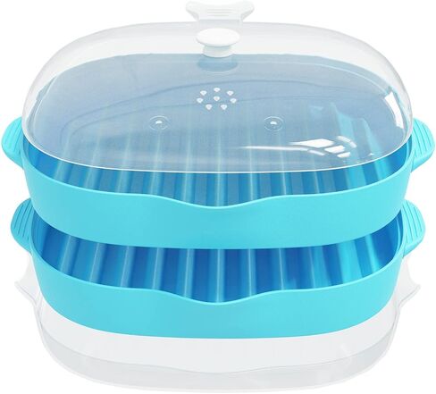 ZYXGOGOGO Microwave Bacon Rack, Two-Tier Bacon Grill Tray, Multifunctional Steamer for Cooking Food, Bacon Cooker with Splatter Lid, Large Capacity, Suggest Dishwasher Clean, Length:11inch.（Blue） in Kuwait