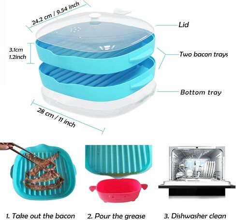 ZYXGOGOGO Microwave Bacon Rack, Two-Tier Bacon Grill Tray, Multifunctional Steamer for Cooking Food, Bacon Cooker with Splatter Lid, Large Capacity, Suggest Dishwasher Clean, Length:11inch.（Blue） in Kuwait