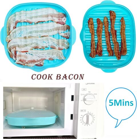 ZYXGOGOGO Microwave Bacon Rack, Two-Tier Bacon Grill Tray, Multifunctional Steamer for Cooking Food, Bacon Cooker with Splatter Lid, Large Capacity, Suggest Dishwasher Clean, Length:11inch.（Blue） in Kuwait