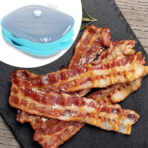 ZYXGOGOGO Microwave Bacon Rack, Two-Tier Bacon Grill Tray, Multifunctional Steamer for Cooking Food, Bacon Cooker with Splatter Lid, Large Capacity, Suggest Dishwasher Clean, Length:11inch.（Blue） in Kuwait