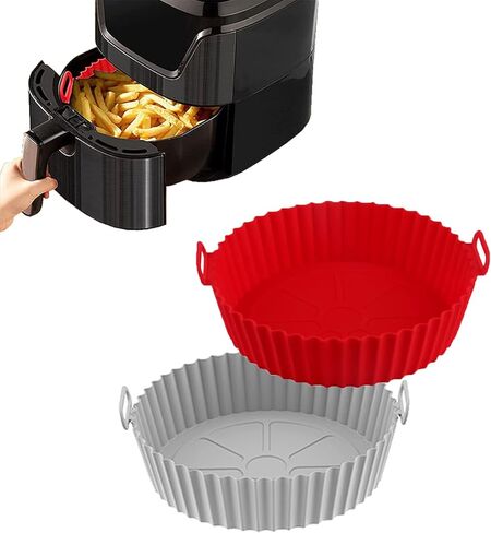 2-Packs Air Fryer Silicone Pots,Reusable Air Fryer Oven Accessories Circular Tray,Fits 3.6 To 6.8QT Air Fryer Pans(Grey+Red) in Kuwait