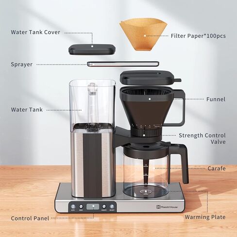 ماكينة صنع القهوة من مايستري هاوس، ماكينة صنع القهوة بالتنقيط بسعة 8 أكواب مع الفولاذ المقاوم للصدأ، تخمير بلمسة واحدة وقوة قابلة للتعديل، تشغيل تلقائي، إبريق زجاجي وطبق دافئ، خزان مياه بسعة كبيرة 1.2 لتر in Kuwait