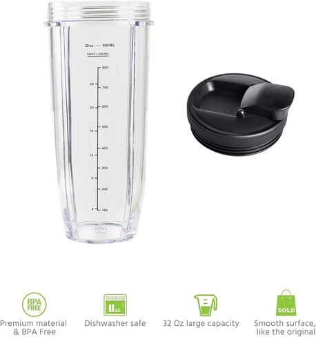 كوب خلاط بديل 32 اونصة، قطع غيار لخلاط نينجا مع غطاء سيب اند سيل لخلاط BL450 BL454 Bl455 BL456 BL480 BL481 BL482 BL490 BL640 BL642 سلسلة نوتري نينجا اوتو اي كيو، عبوة واحدة in Kuwait