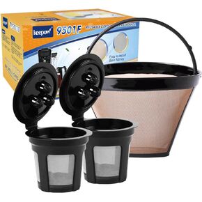 KEEPOW Reusable Cone Coffee Filters #4, 2-Pack 8-12 Cup Gold Permanent Coffee Filter Basket for Cuisinart/Ninja Dual Brew Pro CFP301/ Hamilton Beach, Size 04 Pour Over Coffee-maker Dripper Accessories