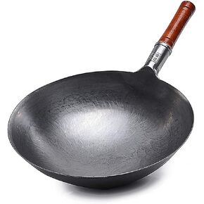 مقلاة حديدية مطروقة يدويًا من FORREC، مقلاة تقليدية غير لاصقة غير مطلية مع مقبض مساعد خشبي، مقلاة سفلية مستديرة، لمطاعم المطبخ - 32 سم in Kuwait