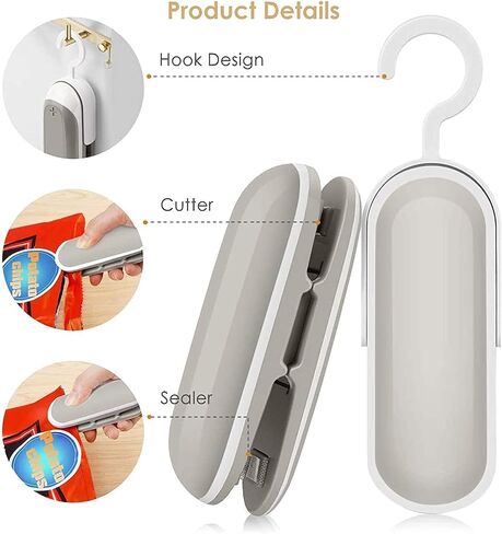 Mini Bag Sealer, Portable Sealing Bags Machine, Handheld Heat Food Vacuum Sealer Machine with Cutter and Hook for Snack, Plastic Bags, Storage, Potato Chip Cookie Bags (Grey 2PCS) in Saudi Arabia