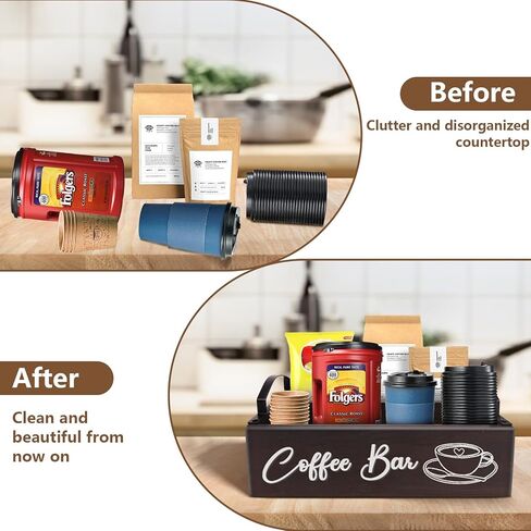 كيهتووي منظم محطة القهوة، منظم ملحقات بار القهوة الخشبي لسطح الطاولة، سلة تخزين حامل كبسولات القهوة لكوب كيه مع مقبض، علبة سكر الشاي لتزيين بار القهوة in Kuwait