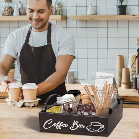 كيهتووي منظم محطة القهوة، منظم ملحقات بار القهوة الخشبي لسطح الطاولة، سلة تخزين حامل كبسولات القهوة لكوب كيه مع مقبض، علبة سكر الشاي لتزيين بار القهوة in Kuwait